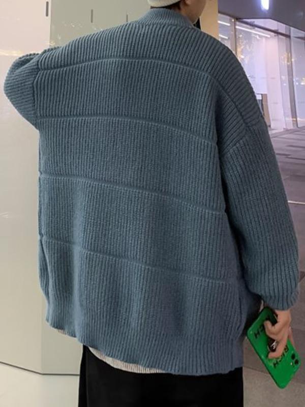 Men's Solid Color Ribbed Knit Cardigan Sweater Product Image