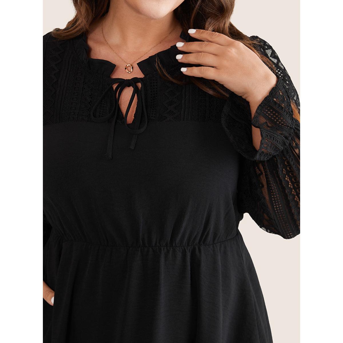 Plus Size Guipure Lace Knot Neck Ruffle Long Sleeve Dress Black Women Elegant Texture Tie Neck Long Sleeve Curvy Midi Dress BloomChic 28/5X Product Image