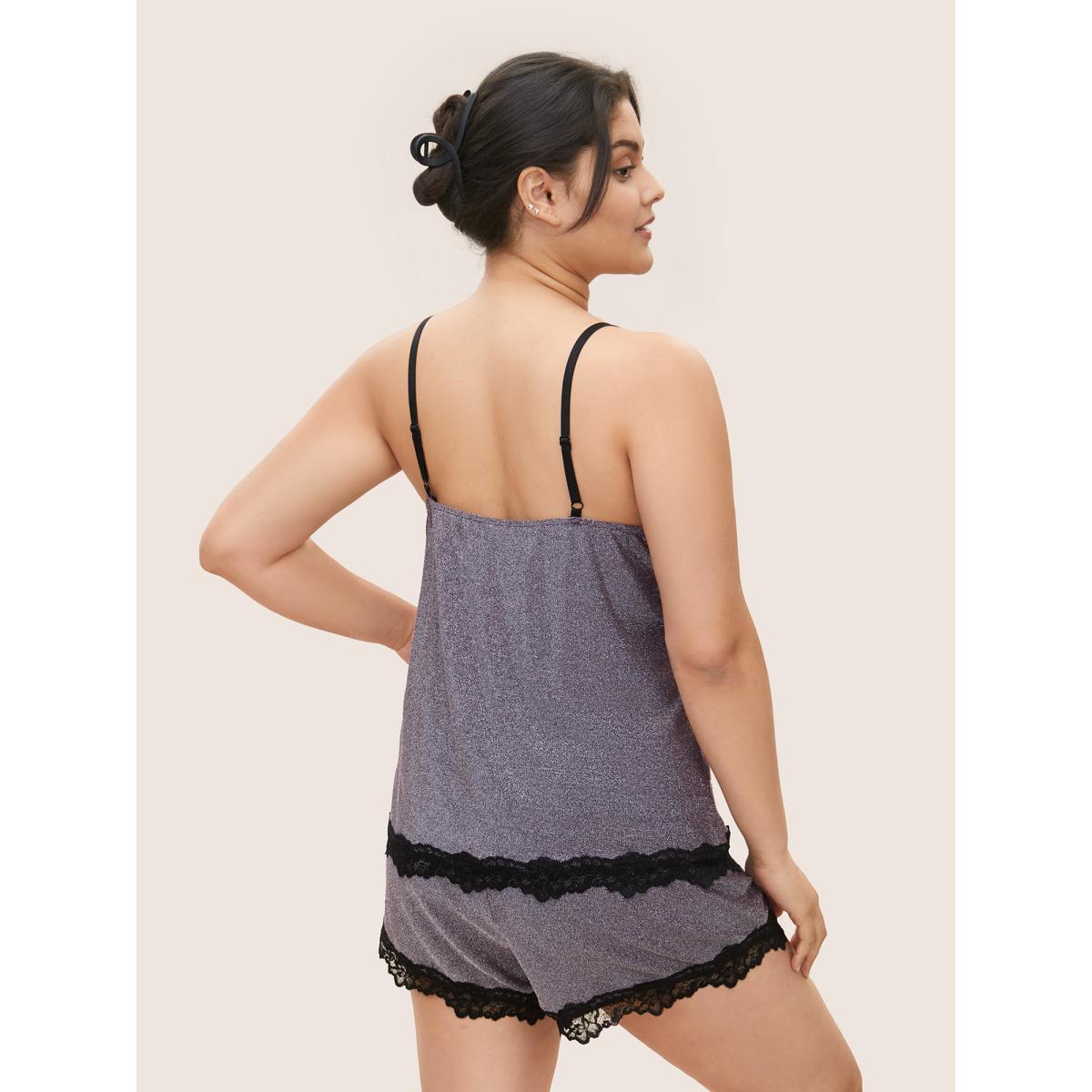 Plus Size Metallic Patchwork Bowknot Lace Panel Loungewear Set Women Purple Patchwork Sleeveless V-neck Lounge Loungewear Sets BloomChic 12/L Product Image