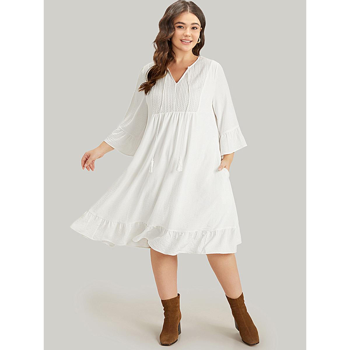 Plus Size Solid Pocket Ties Tassels Bell Sleeve Dress White Women Vacation Texture V-neck Elbow-length sleeve Curvy Midi Dress BloomChic 26/4X Product Image