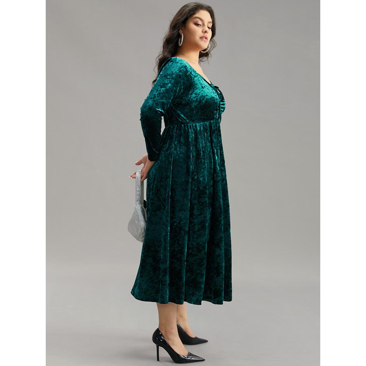 Plus Size Velvet Ruched Ties Pocket Square Neck Dress Teal Women Glamour Elastic cuffs Square Neck Long Sleeve Curvy Midi Dress BloomChic 18-20/2X Product Image