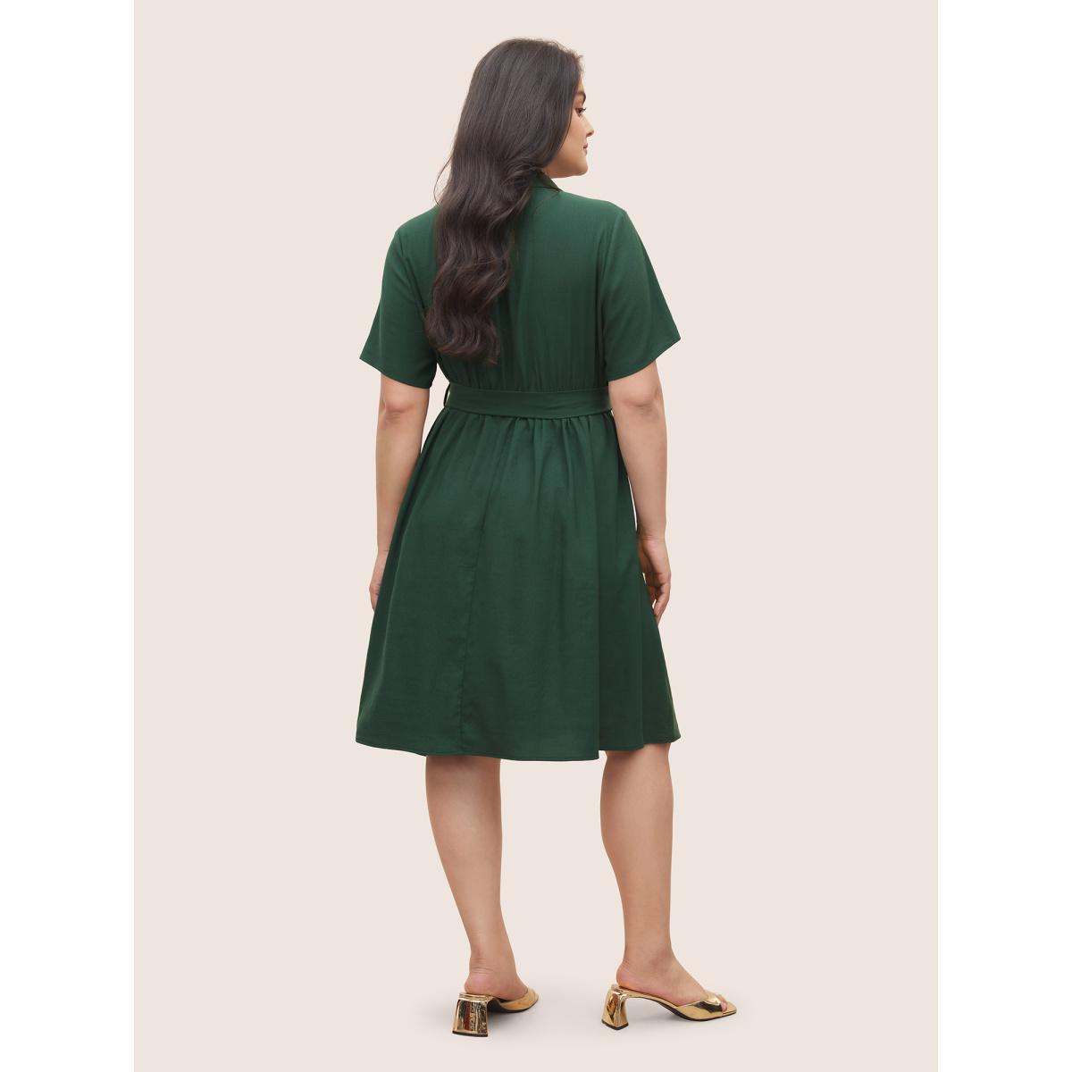 Plus Size Plain Suit Collar Belted Flap Detail Dress Cyan Women At the Office Non Suit Collar Short sleeve Curvy Midi Dress BloomChic 14-16/1X Product Image