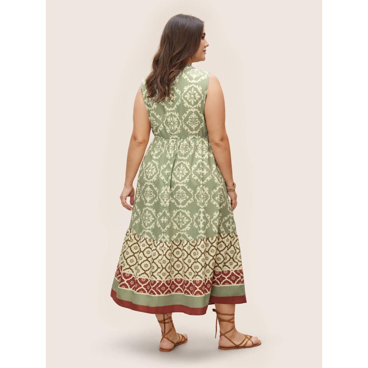 Plus Size Bandana Print Sleeveless Elastic Waist Dress Moss Women Resort Flat collar with V-notch Sleeveless Curvy BloomChic 14-16/1X Product Image