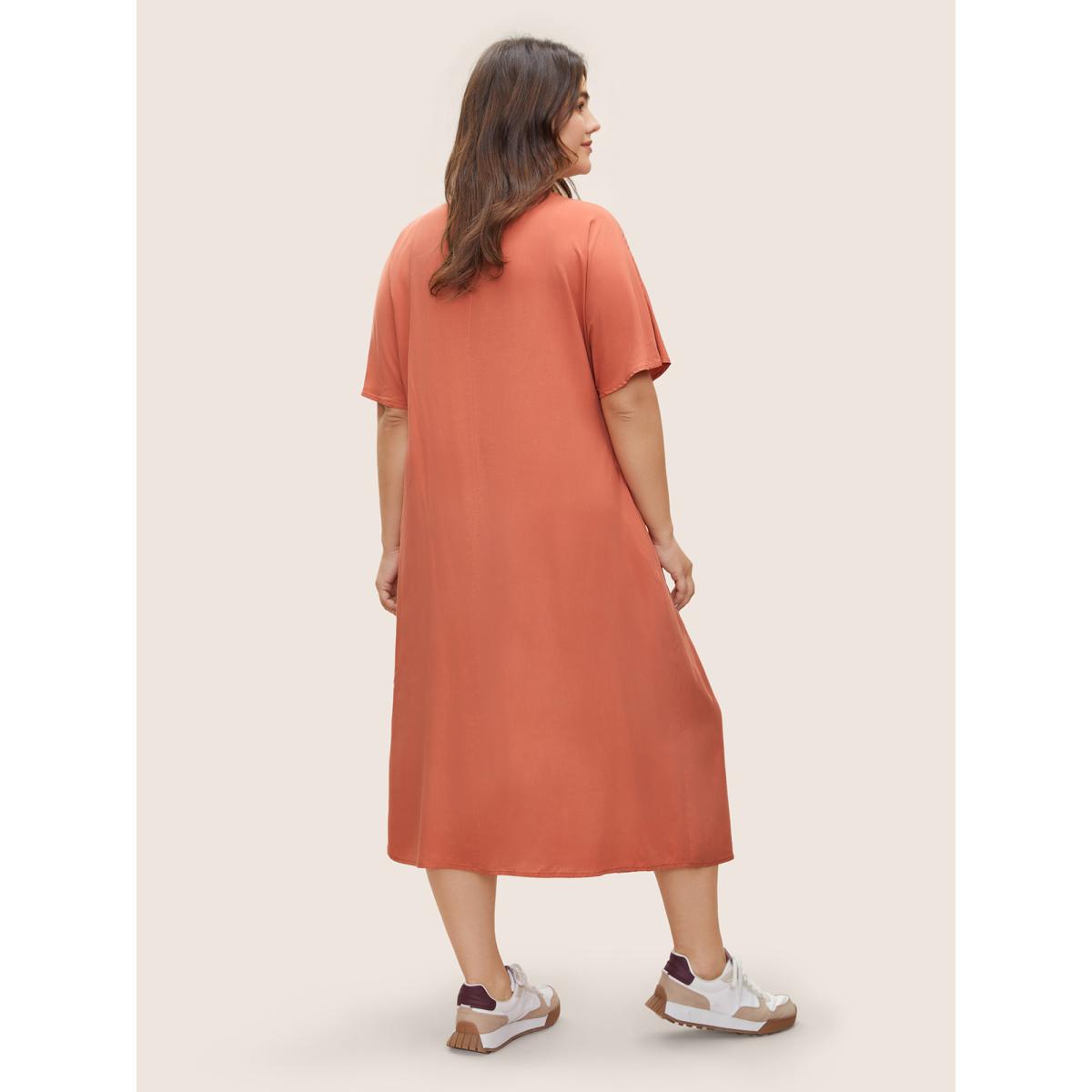Plus Size Plain Pleated Pocket Rayon Midi Dress Coral Women Casual Non Round Neck Short sleeve Curvy Midi Dress BloomChic 12/L Product Image