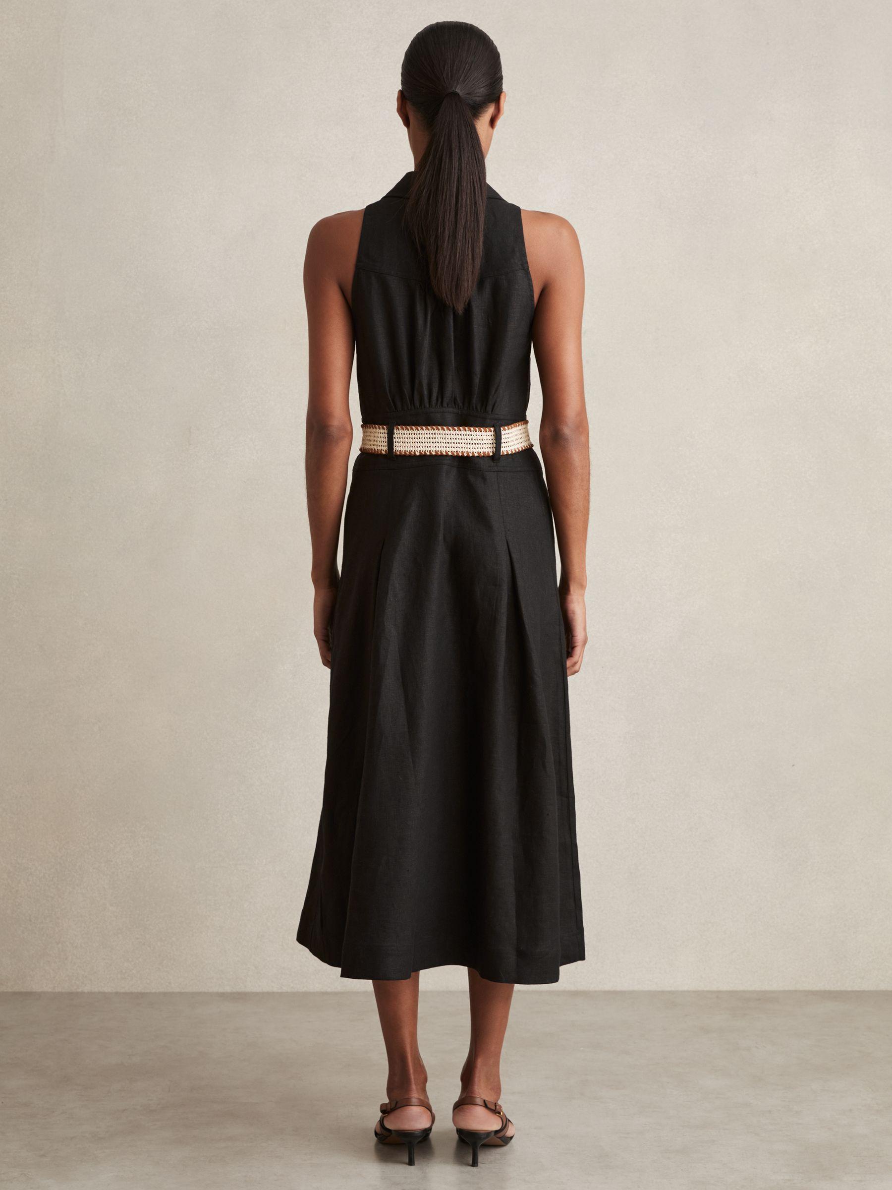 Linen Belted Sleeveless Midi Dress in Black Product Image