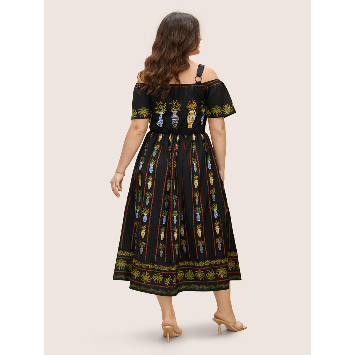 Plus Size Boho Print Off Shoulder Woven Ribbon Dress Black Women Elegant Woven ribbon&lace trim One-shoulder neck Short sleeve Curvy BloomChic 12/L Product Image