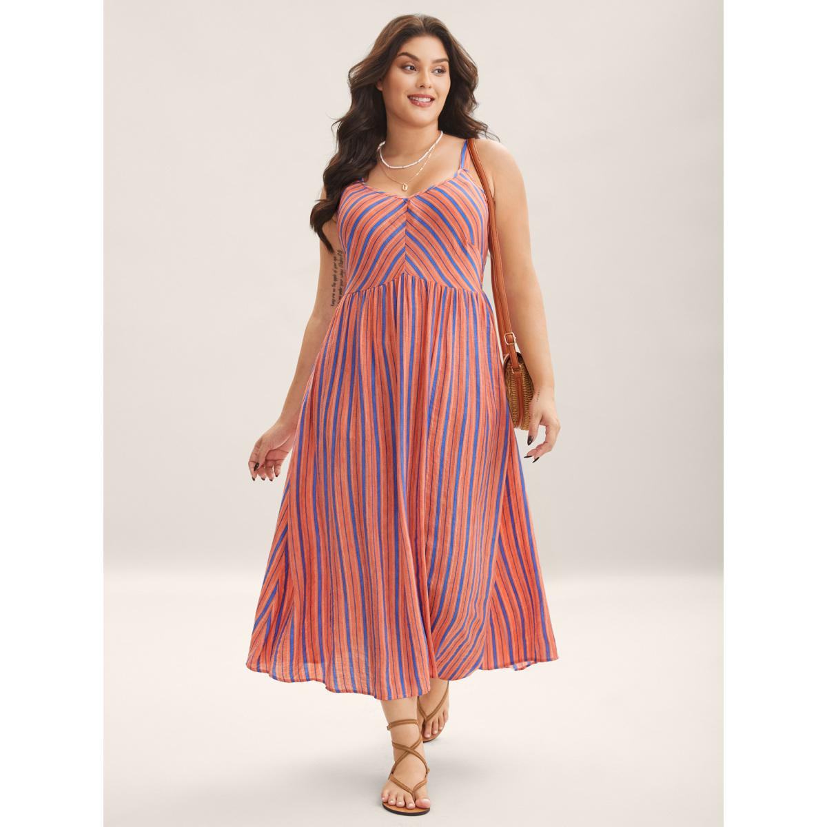 Plus Size Boho Stripes Cami Pockets Midi Dress Coral Women V-neck Sleeveless Curvy BloomChic 22-24/3X Product Image