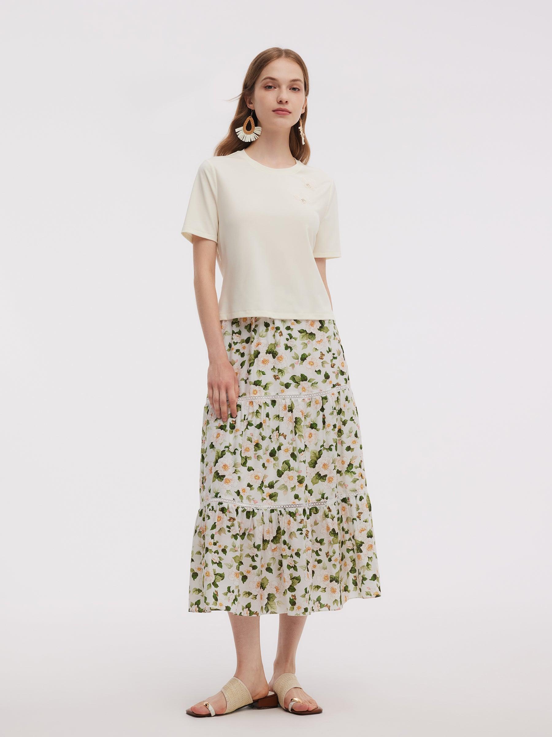 Tencel Blend Butterfly Sequined Embroidered Women T-Shirt Product Image