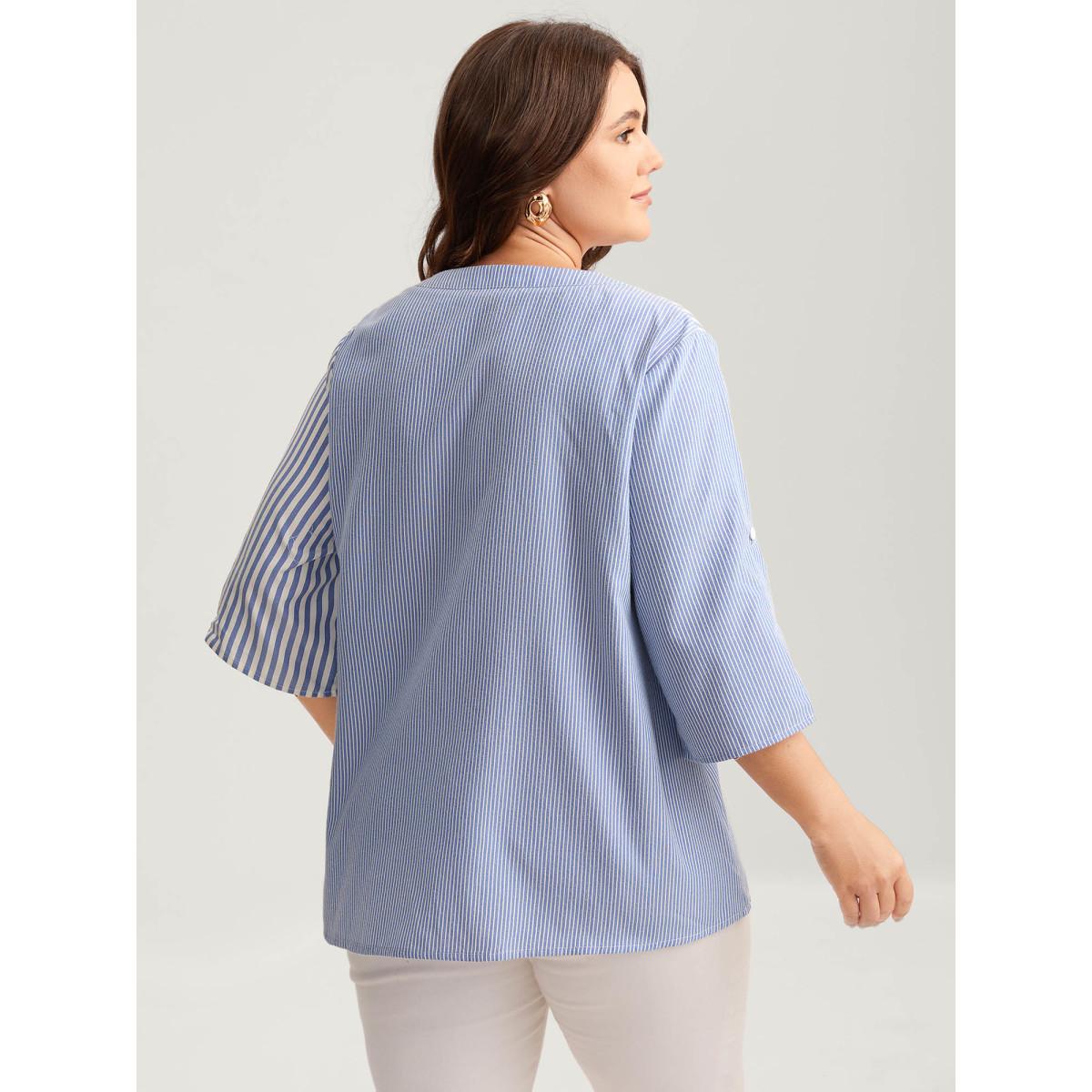 Plus Size DarkBlue Modern Stripes Notched Collar Blouse Women Elbow-length sleeve Flat collar with V-notch Work Blouses BloomChic 14-16/1X Product Image