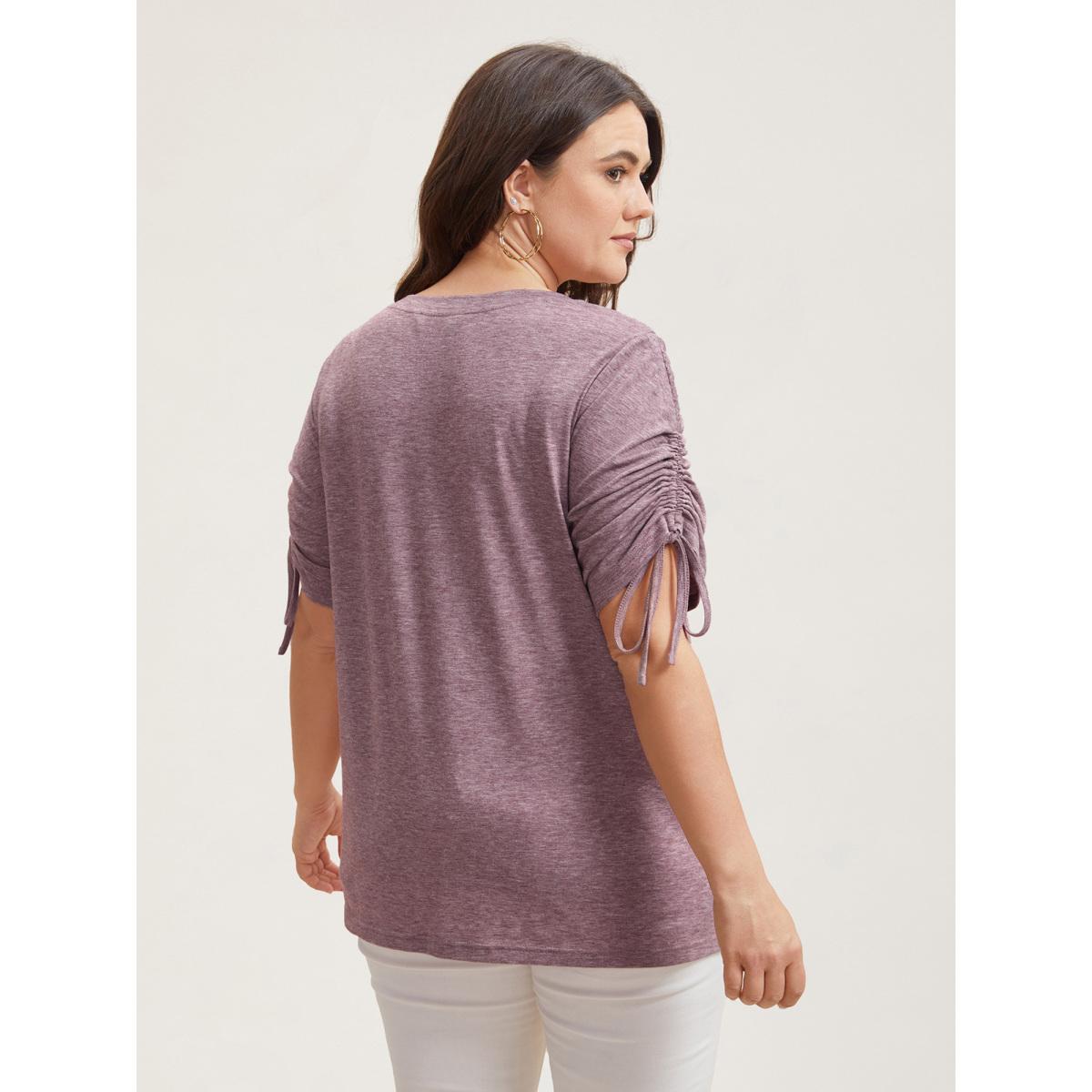Plus Size Stretchy Heather Fabric Drawstring Sleeve T-Shirt Mauve Women Elegant Drawstring Round Neck Everyday T-shirts BloomChic 12/L Product Image