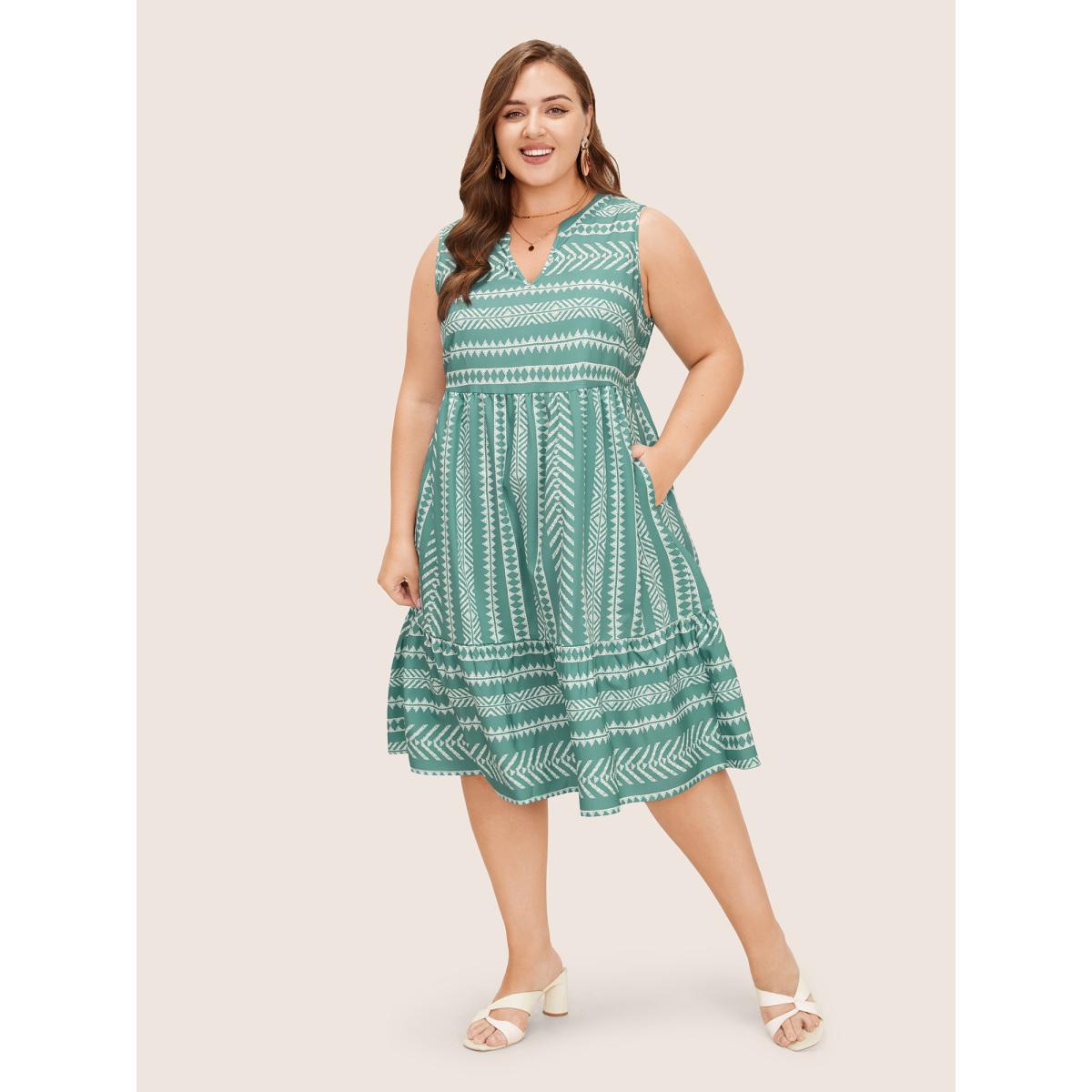 Plus Size Striped Geometric Pocket Ruffle Hem Sleeveless Tank Dress Green Women Casual Non V-neck Sleeveless Curvy BloomChic 26/4X Product Image
