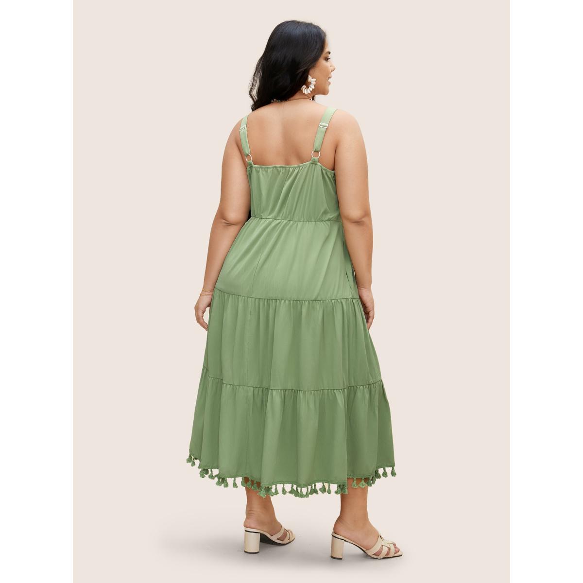Plus Size Solid Ruffle Layered Hem Tassel Trim Dress Palemauve Women Resort Tassels Non Sleeveless Curvy BloomChic 12/L Product Image