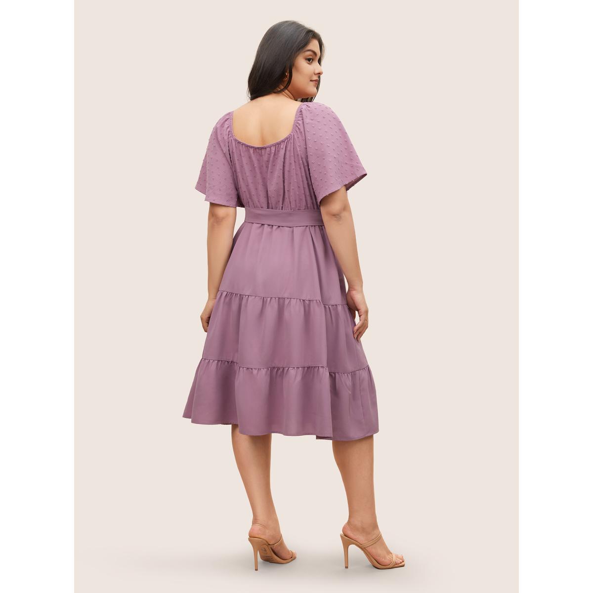 Plus Size Plain Textured Ruffle Layered Hem Belted Dress Lilac Women Elegant Non Square Neck Short sleeve Curvy Midi Dress BloomChic 12/L Product Image