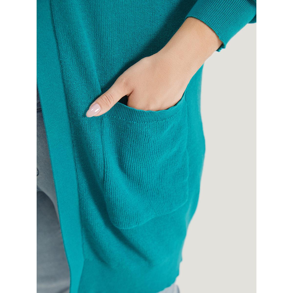 Plus Size Solid Open Front Patched Pocket Cardigan Emerald Women Casual Loose Long Sleeve Dailywear Cardigans BloomChic 12/L Product Image