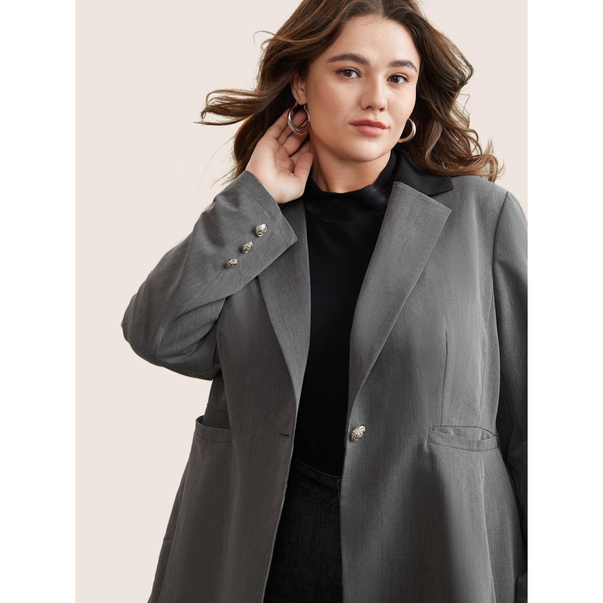 Plus Size Twill Contrast Lapel Collar Button Detail Blazer DimGray Women Dailywear Plain Lined Sleeve Long Sleeve Lapel Collar 14-16/1X Pocket Elegant Blazers BloomChic Product Image