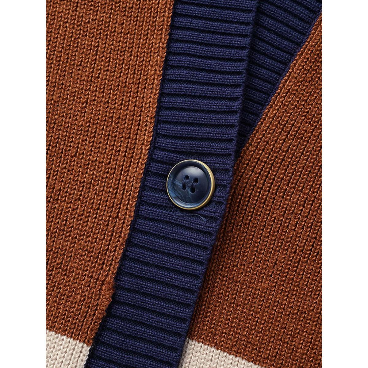 Plus Size Colorblock Contrast Patched Pocket Hooded Cardigan Browncoffeecolor Women Leisure Loose Long Sleeve Casual Cardigans BloomChic 30/6X Product Image