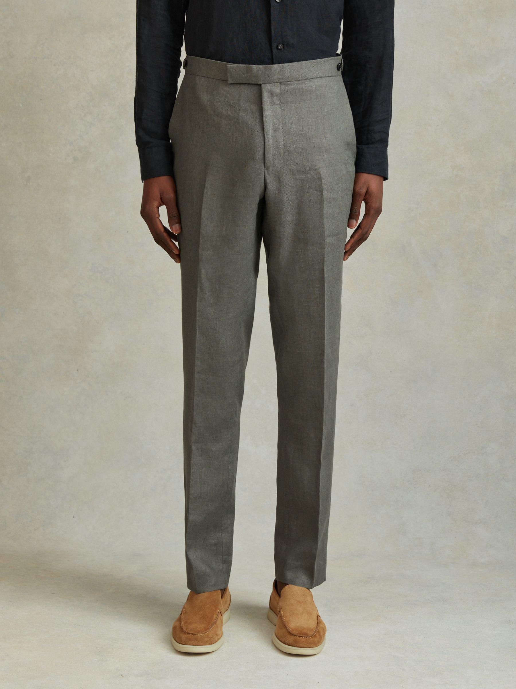 Halgas Dark Sage 100% Linen Side Adjuster Slim Fit Trousers Product Image