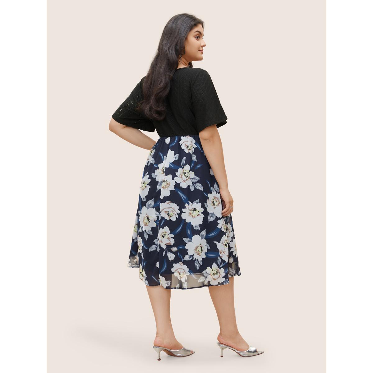 Plus Size Chiffon Floral Patchwork Ruched Hollow Out Dress DarkBlue Women Elegant Non Square Neck Short sleeve Curvy Midi Dress BloomChic 18-20/2X Product Image