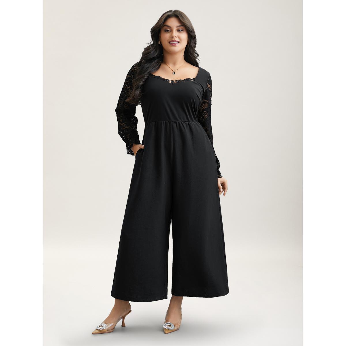 Plus Size Black Lace Sheer Sleeve Flared Jumpsuit Women Elegant Extra Long Sleeve Heart neckline Elegant Loose Jumpsuits BloomChic 10/M Product Image