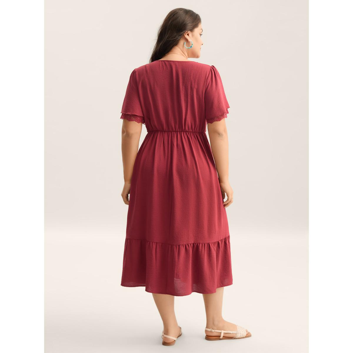 Plus Size Lace Trim Neck Sheer Pockets Maxi Dress Rust Women V-neck Short sleeve Curvy BloomChic 12/L Product Image