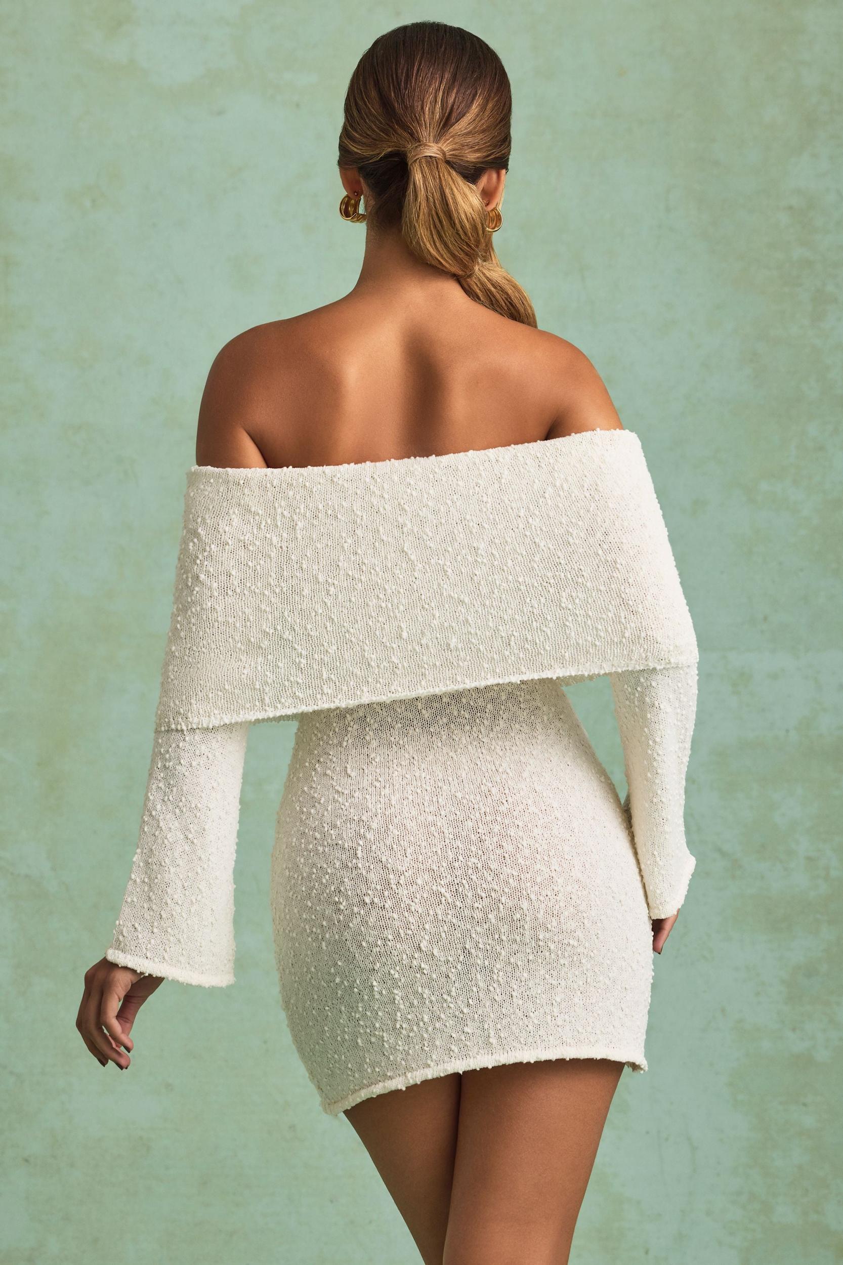 Bouclé Off-Shoulder Mini Dress in White Product Image
