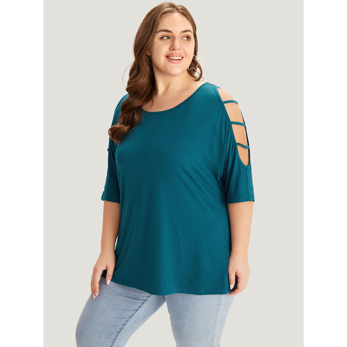 Plus Size Solid Cut Out Round Neck Dolman Sleeve T-shirt Aegean Women Elegant Plain Round Neck Dailywear T-shirts BloomChic 12/L Product Image