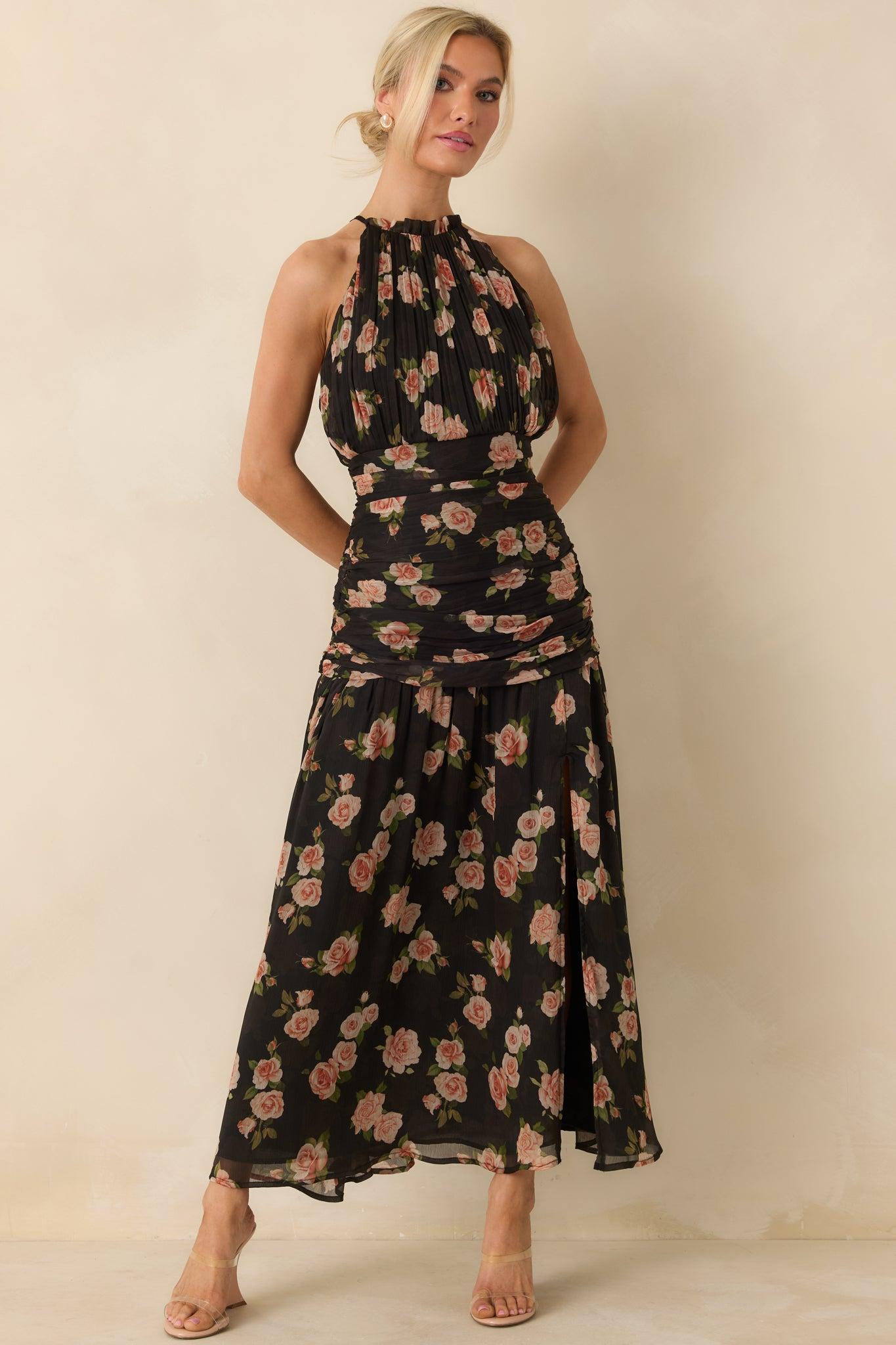All This Charm Black Multi Floral Pattern Gathered Chiffon Halter Maxi Dress Product Image