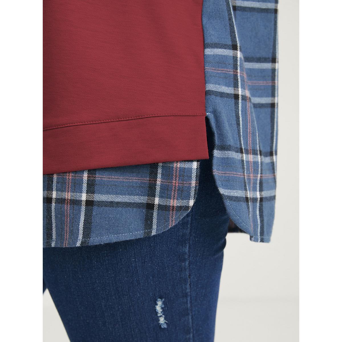 Plus Size Plaid Contrast Asymmetrical Drawstring Hooded Sweatshirt Women Scarlet Casual Contrast Loose Hooded Dailywear Sweatshirts BloomChic 14-16/1X Product Image