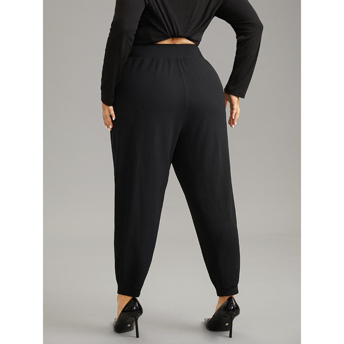 Plus Size Crossover Plain Texture High Rise Pants Women Black Casual High Rise Everyday Pants BloomChic 18-20/2X Product Image