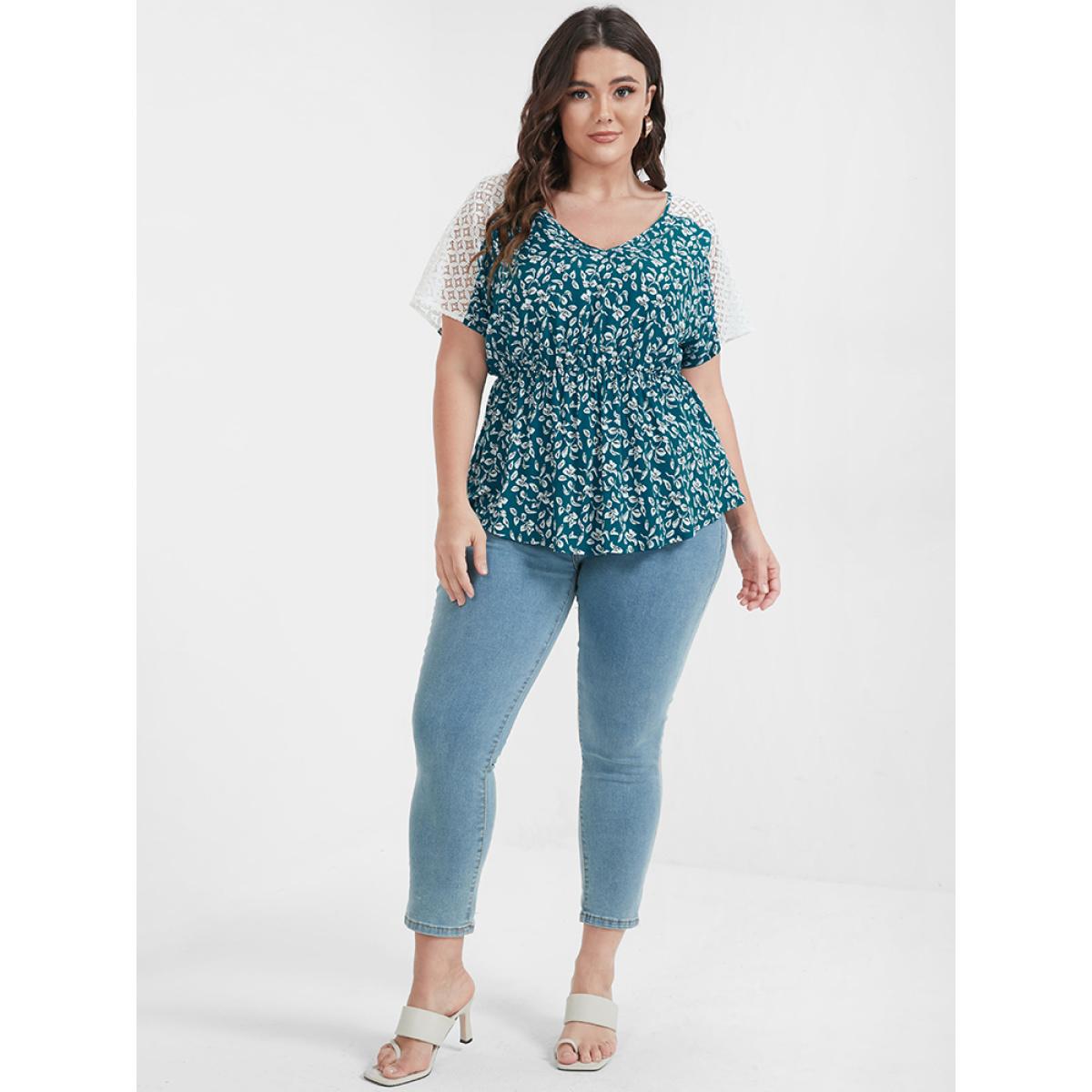 Plus Size Teal Ditsy Floral Ruffles Raglan Sleeve Contrast Lace Blouse Women Elegant Short sleeve V-neck Dailywear Blouses BloomChic 22-24/3X Product Image