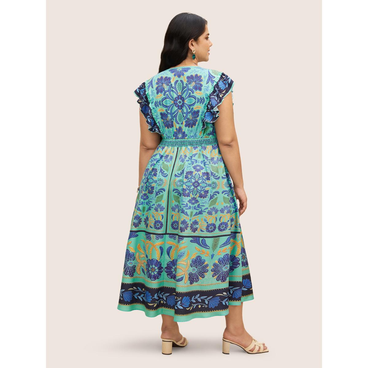 Plus Size Surplice Neck Boho Print Ruffles Shirred Dress Mint Women Resort Overlapping Overlap Collar Cap Sleeve Curvy BloomChic 22-24/3X Product Image