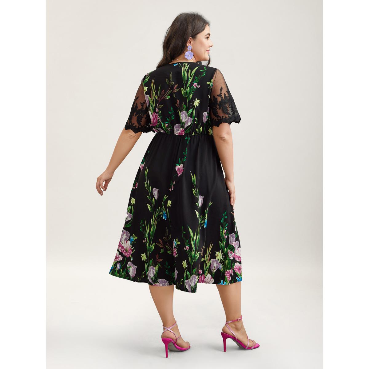 Plus Size Floral Print Flared Sleeve Spliced Midi Dress Black Women Elegant See through Round Neck Short sleeve Curvy BloomChic 14-16/1X Product Image