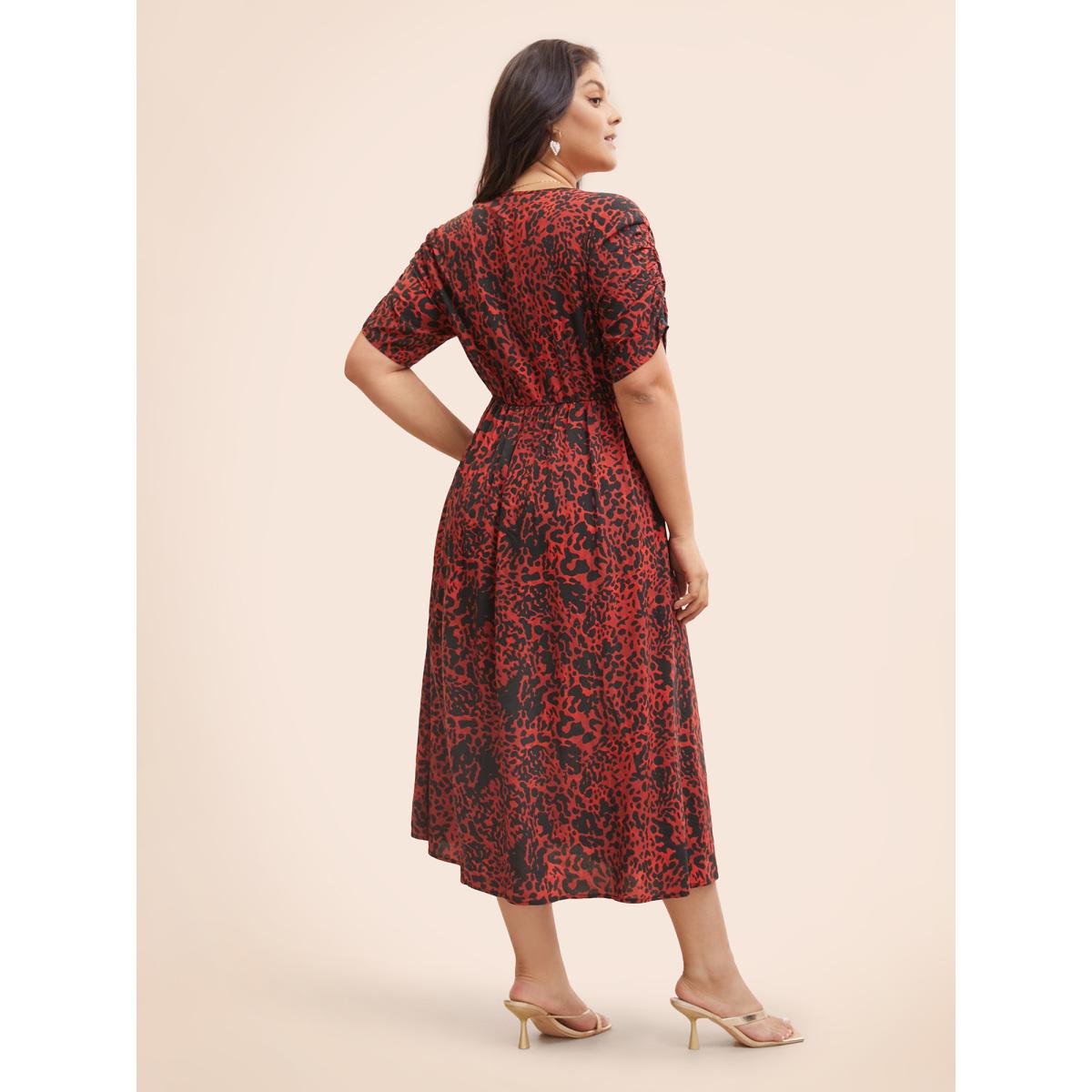 Plus Size Leopard Print V Neck Gathered Dress Burgundy Women Elegant Gathered Overlap Collar Short sleeve Curvy BloomChic 26/4X Product Image
