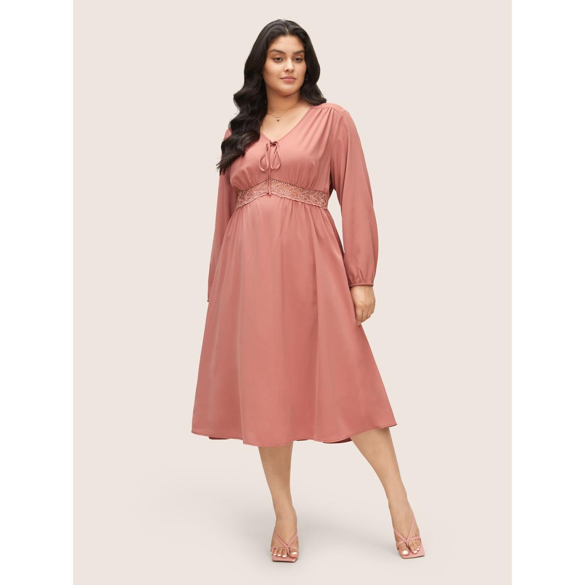 Plus Size Lace Insert Pocket Bowknot Hollow Out Dress DustyPink Women Elegant Elastic cuffs V-neck Long Sleeve Curvy Midi Dress BloomChic 18-20/2X Product Image