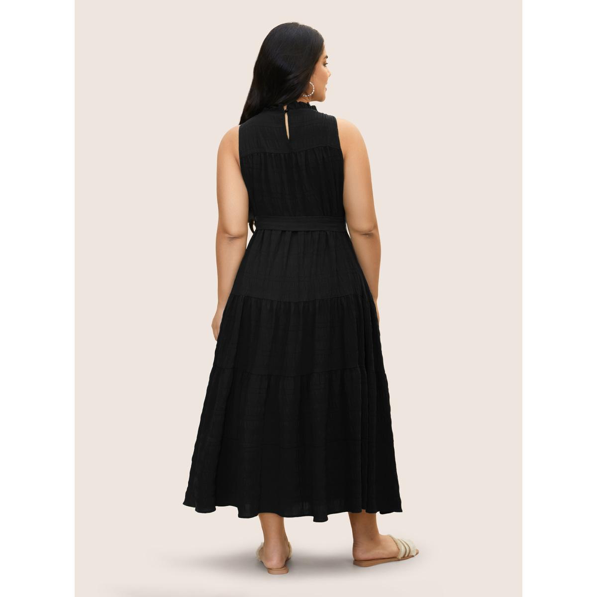 Plus Size Plain Textured A-line Frill Trim Dress Black Women Resort Texture Mock Neck Sleeveless Curvy BloomChic 28/5X Product Image