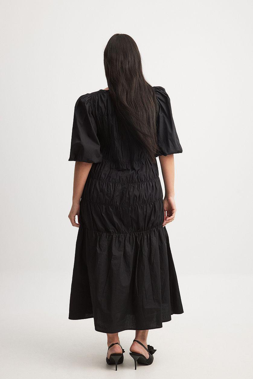 Cotton Puff Sleeve Smock Detail Midi Dress Product Image