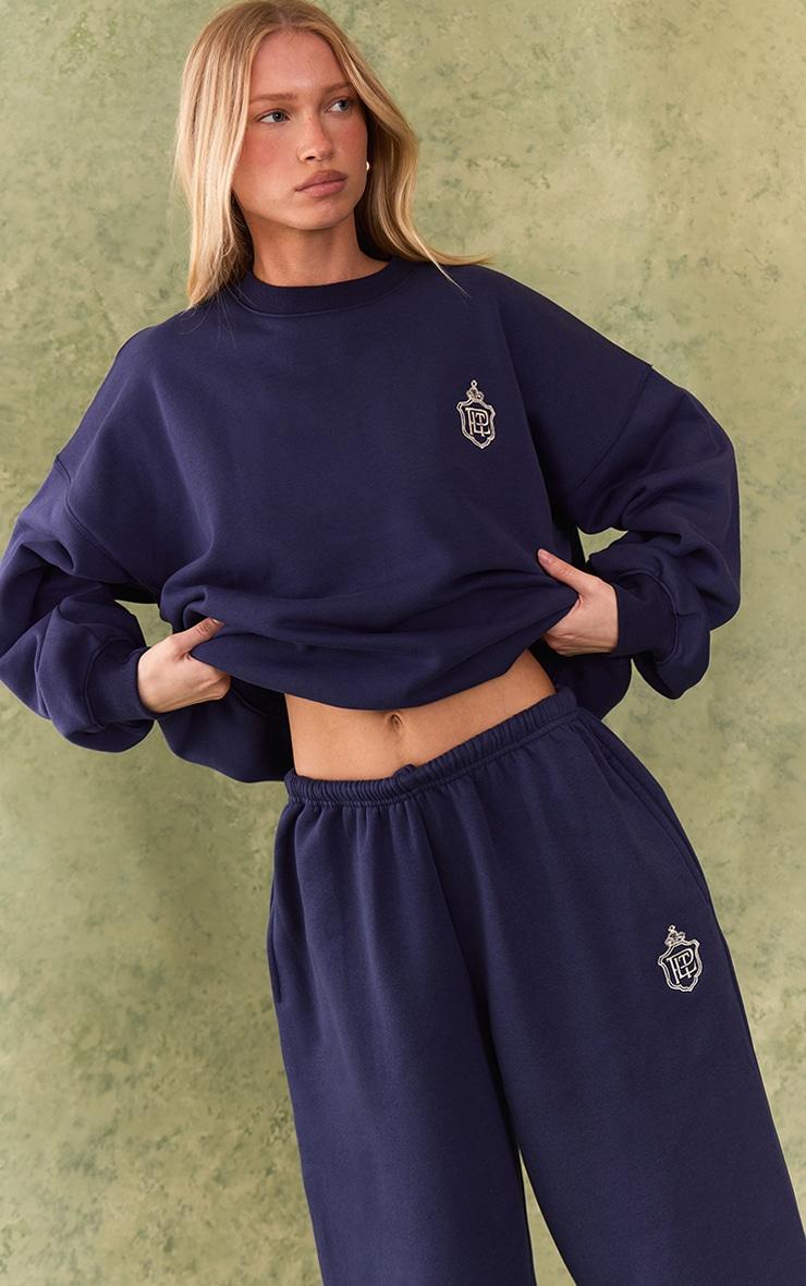 Navy Embroidered Wide Leg Sweatpants Product Image
