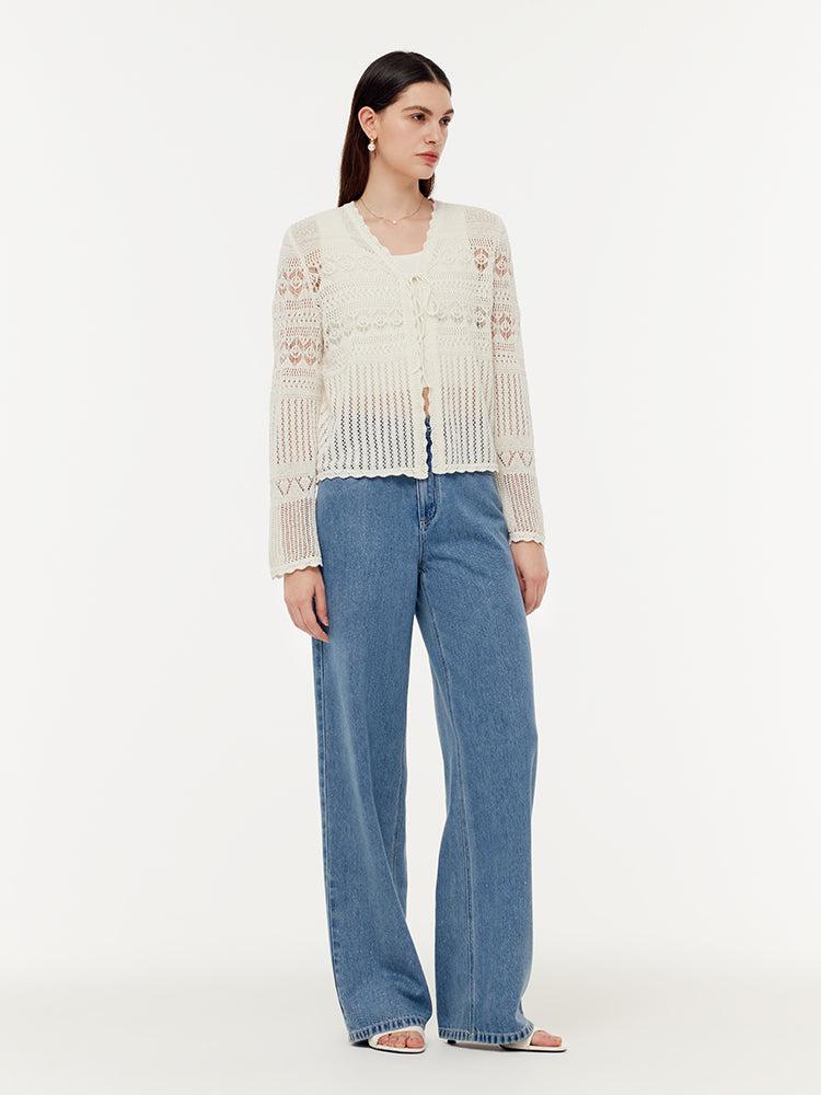 Linen Cotton Openwork Tie Front Women Cardigan Product Image