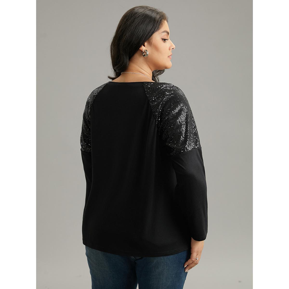 Plus Size Sequin Patchwork Raglan Sleeve T-shirt Black Women Elegant Sequin Galaxy Round Neck Dailywear T-shirts BloomChic 14-16/1X Product Image