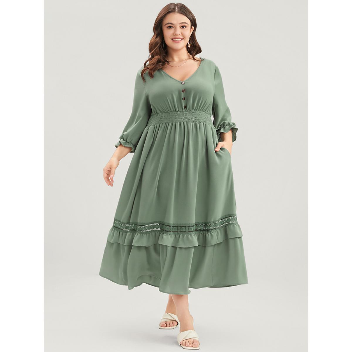 Plus Size Plain Lantern Sleeve Button Detail Pocket Shirred Ruffle Hem Dress Mint Women Elegant Patchwork V-neck Elbow-length sleeve Curvy Midi Dress BloomChic 28/5X Product Image