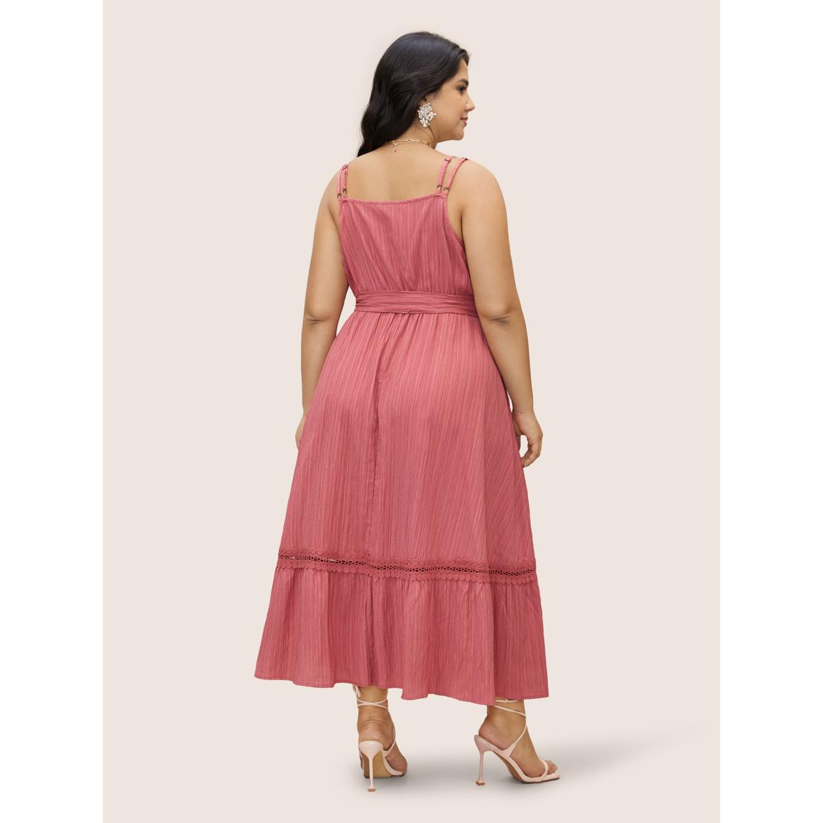 Plus Size Plain Texture Woven Ribbon Belted Dress Watermelon Women Elegant Woven ribbon&lace trim V-neck Sleeveless Curvy BloomChic 14-16/1X Product Image