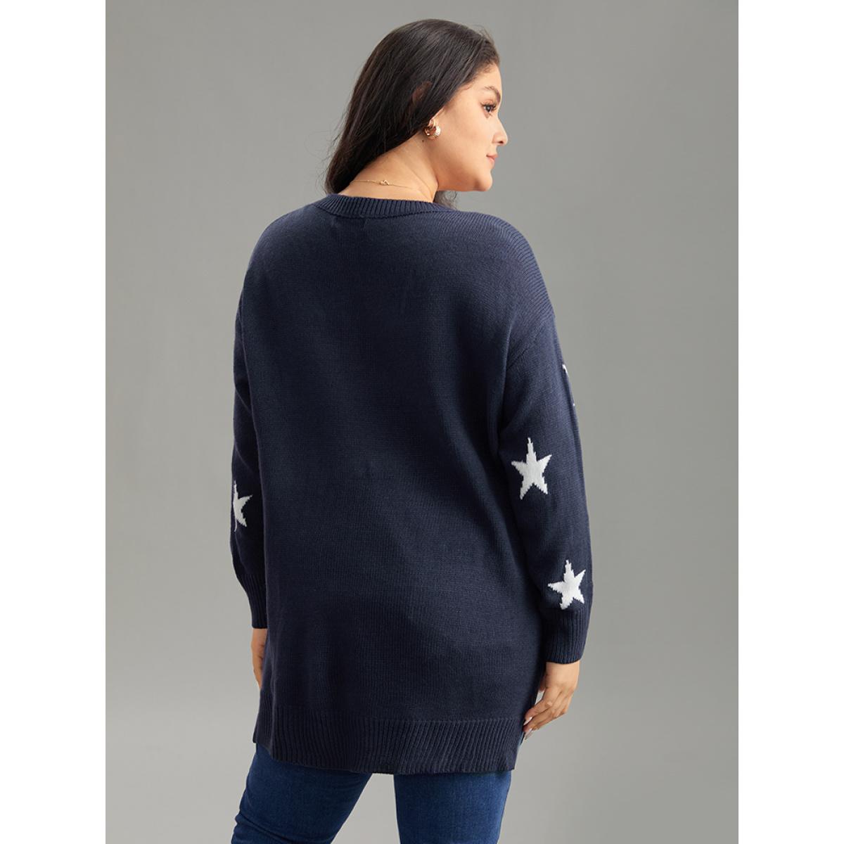 Plus Size Star Print Drop Shoulder Cardigan Indigo Women Casual Loose Long Sleeve V-neck Dailywear Pullovers BloomChic 28/5X Product Image