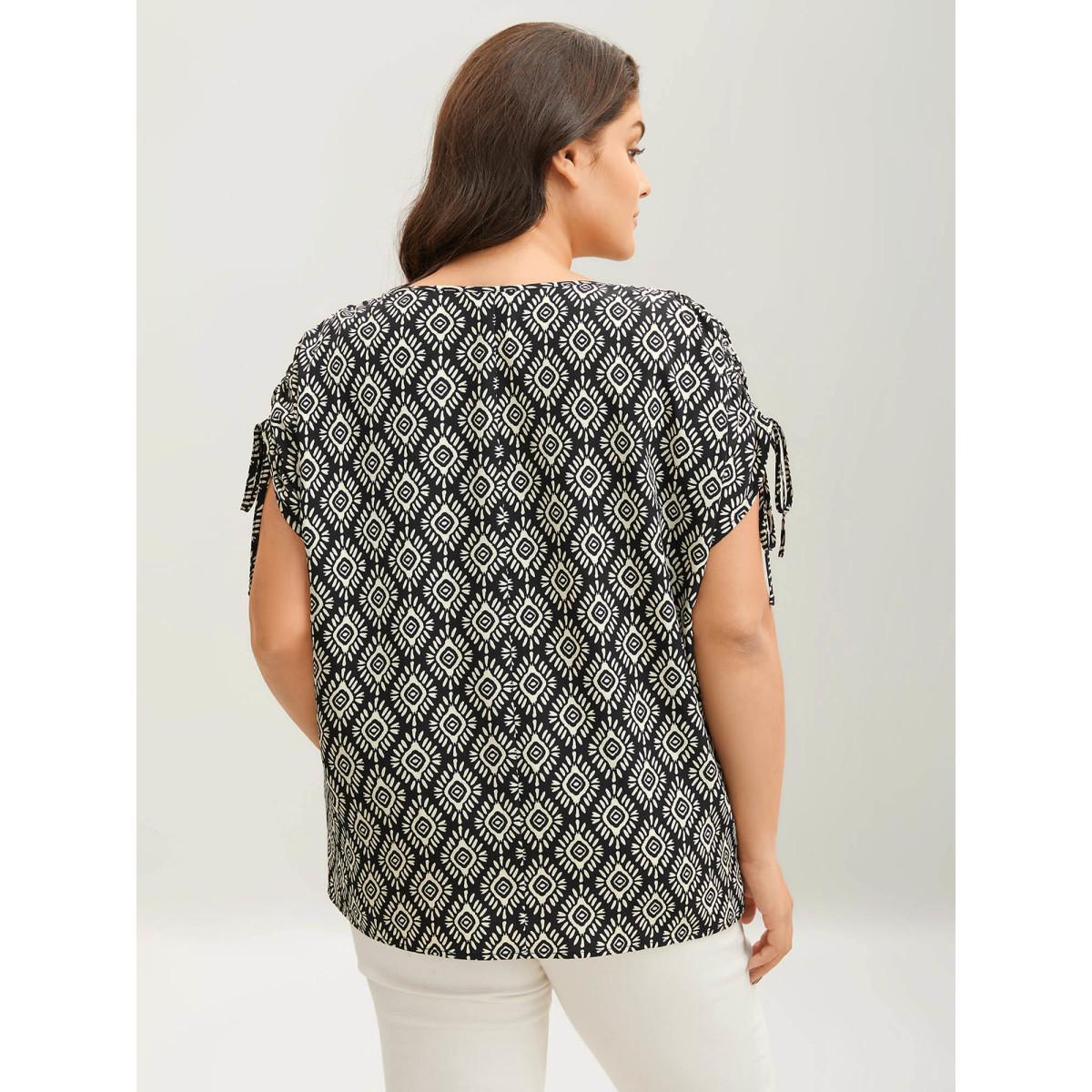 Plus Size Black Boho Print Drawstring Sleeve Blouse Women Cap Sleeve V-neck Vacation Blouses BloomChic 22-24/3X Product Image
