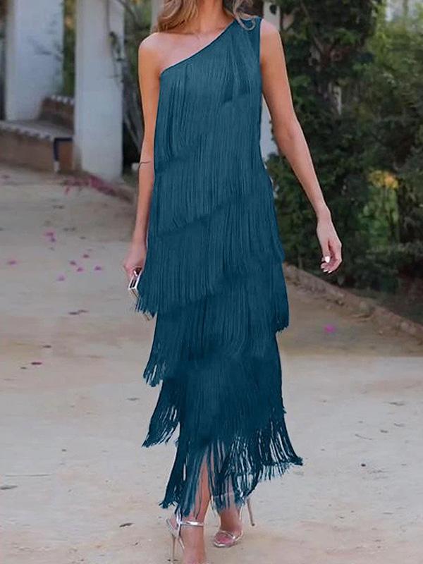 Loose Sleeveless Asymmetric Solid Color Split-Joint Tasseled One-Shoulder Maxi Dresses Product Image