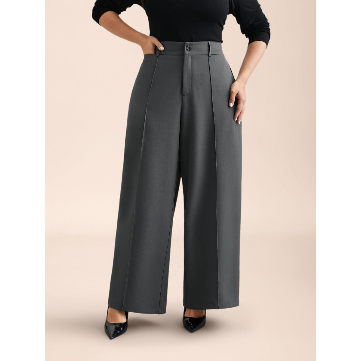 Plus Size Stretchy-Waist Seamed Plicated Detail Pants Women DimGray Workwear Essentials Wide Leg Mid Rise Work Pants BloomChic 26/4X Product Image