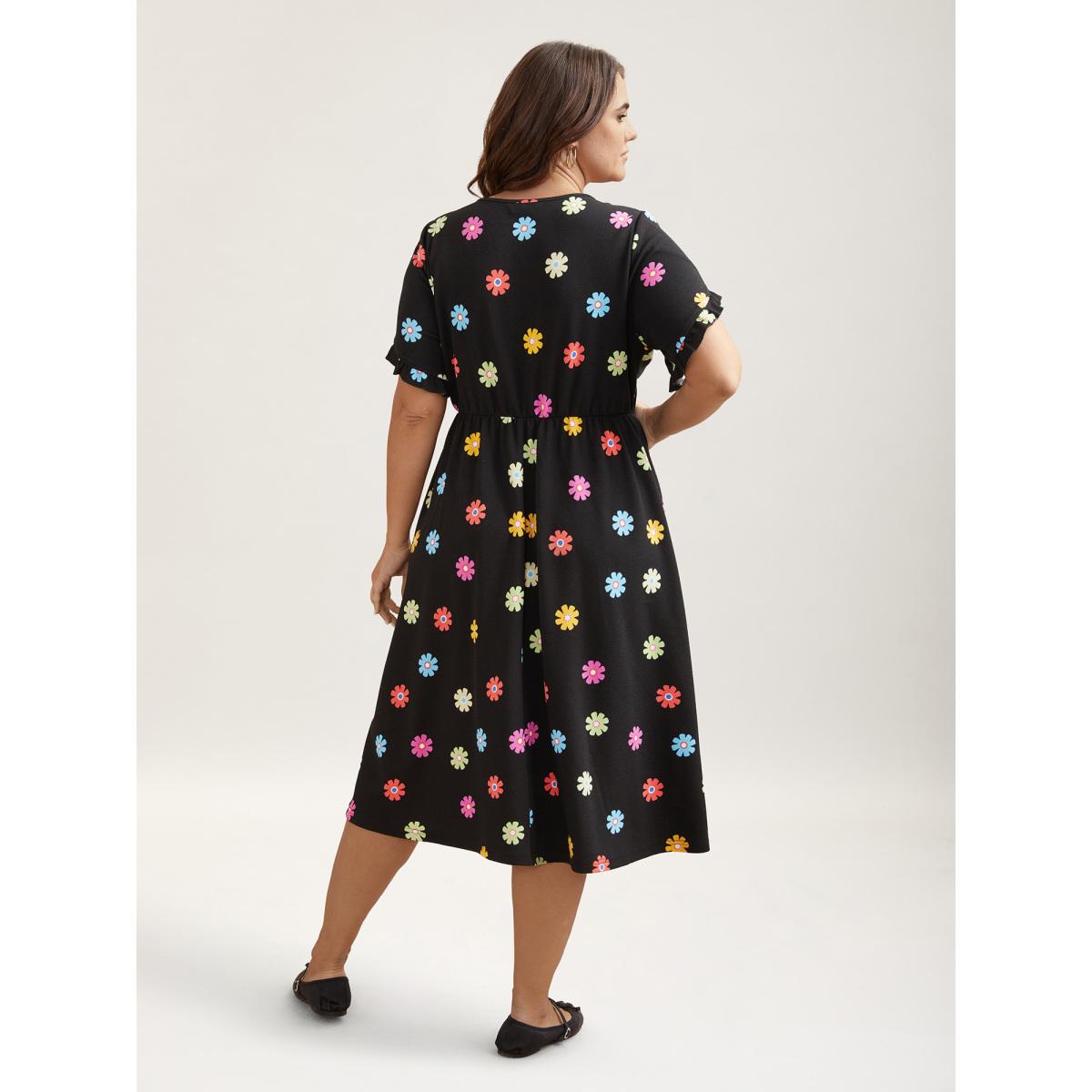 Plus Size Stretchy-Waist Floral Print Pockets Midi Dress Black Women Leisure Texture Knit Dresses Bloomchic 14-16/1X Product Image