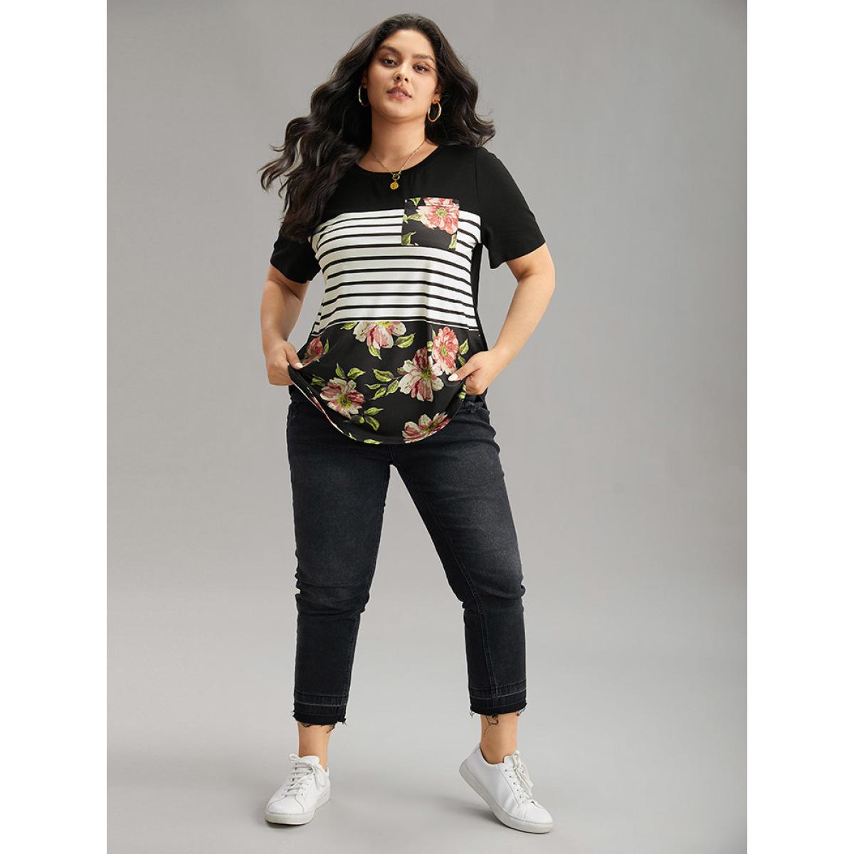 Plus Size Floral Striped Patchwork Patched Pocket T-shirt Black Women Casual Printed Striped Round Neck Dailywear T-shirts BloomChic 26/4X Product Image