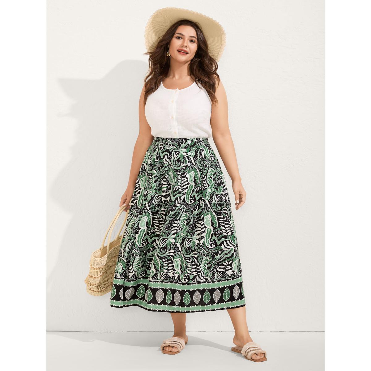 Plus Size Forest Print Flowy Midi Skirt Women Denimolive Bodycon Low stretch Side seam pocket Vacation Skirts BloomChic 26/4X Product Image