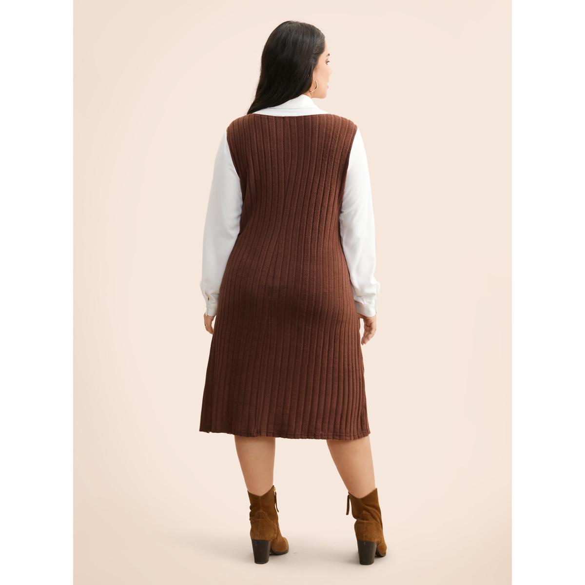 Plus Size Shirt Collar Rib Knit Patchwork Dress Browncoffeecolor Women Casual Texture Shirt collar Long Sleeve Curvy BloomChic 10/M Product Image