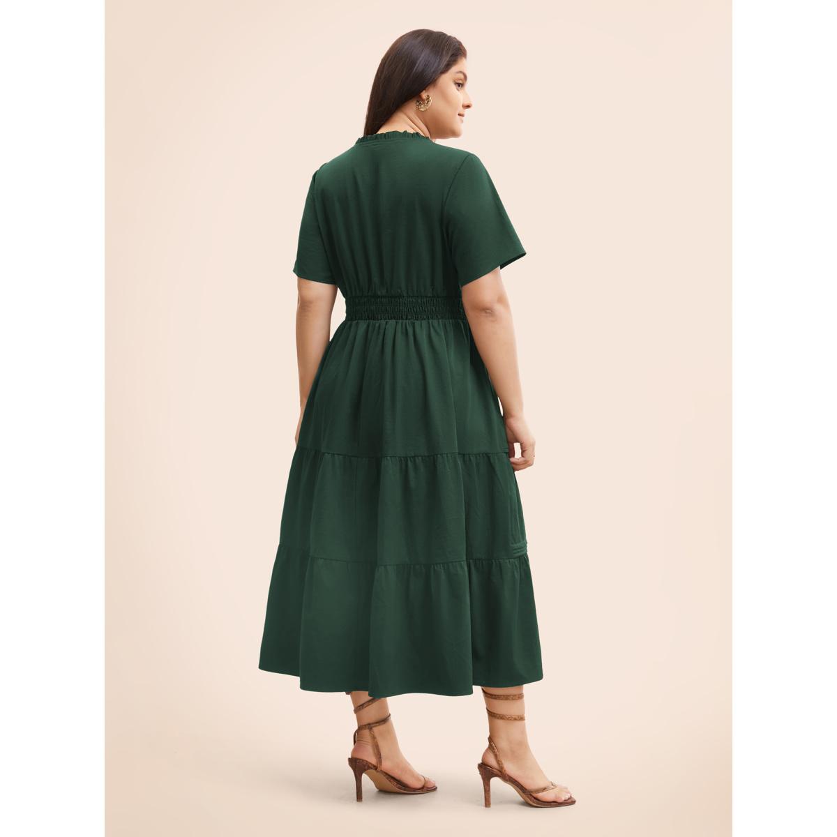 Plus Size Plain Frill Trim Ruffle Layered Hem Dress Cyan Women Resort Tucked seam Mock Neck Short sleeve Curvy BloomChic 22-24/3X Product Image